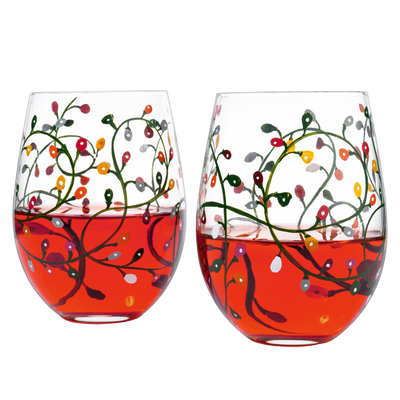 Themed Lights Stemless Wine & Water Glasses - Artisanal Hand Painted Ornament Light Bulbs Glasses - Xmas Tree - Set of 2, 17.5oz - Santa Festive Theme Stemless Glass