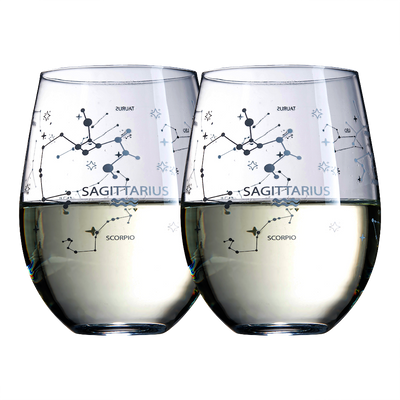 Set of 2 Zodiac Sign Wine Glasses with 2 Wooden Coasters by The Wine Savant - Astrology Drinking Glass Set with Etched Constellation Tumblers for Juice, Home Bar Horoscope Gifts 18oz (Sagittarius)