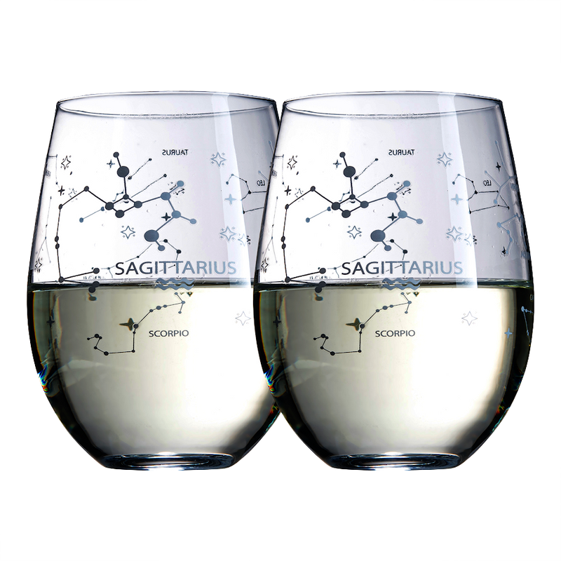 Set of 2 Zodiac Sign Wine Glasses with 2 Wooden Coasters by The Wine Savant - Astrology Drinking Glass Set with Etched Constellation Tumblers for Juice, Home Bar Horoscope Gifts 18oz (Sagittarius)