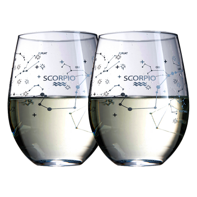 Set of 2 Zodiac Sign Wine Glasses with 2 Wooden Coasters by The Wine Savant - Astrology Drinking Glass Set with Etched Constellation Tumblers for Juice, Water Home Bar Horoscope Gifts 18oz (Scorpio)