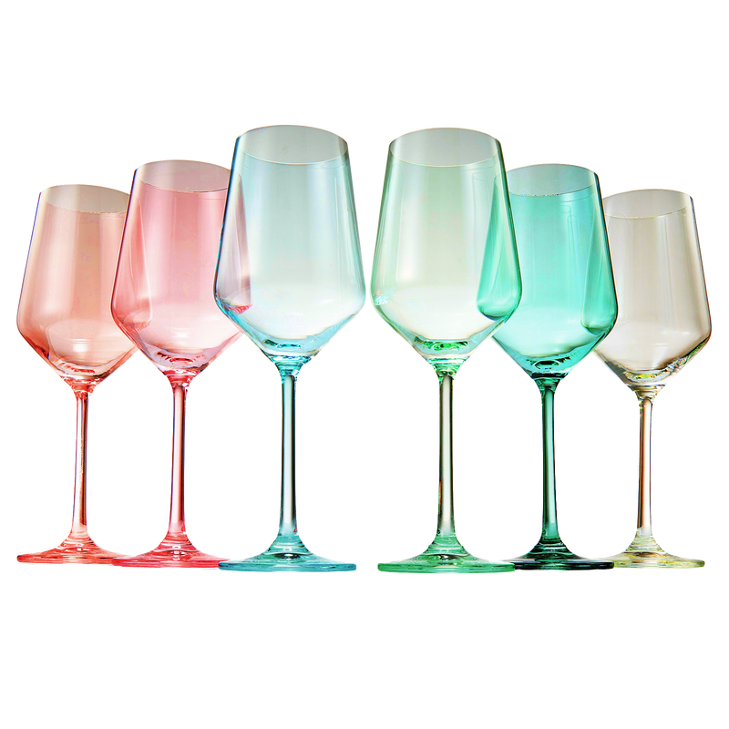 Colored Crystal Wine Glass Set of 6, Gift For Mothers Day, Her, Wife, Mom Friend - Large 12 oz Glasses, Unique Italian Style Tall Drinkware - Red & White, Dinner, Beautiful Glassware - (Summer)