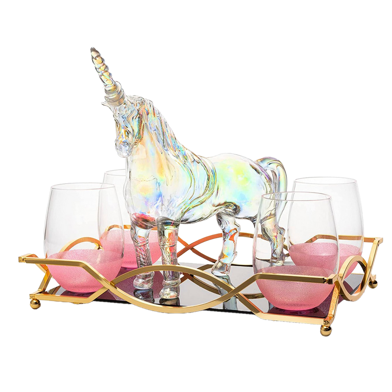 Iridescent Unicorn Wine Whiskey Decanter Set 750ml With 4 Pink Sparkle Glasses for Wine, Whiskey, Scotch, Tequila or Any Drink by The Wine Savant - Unicorn Gifts, Unicorn Lovers, 14" L, 10" W, 11" H