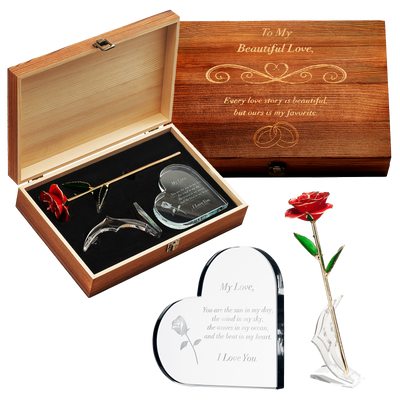 Anniversary, Birthday & Everyday 24K Gold Rose Love Box for Wife, Her, Women - Engraved Wooden Set 'To My Beautiful Love' Inscription, Includes Crystal Heart - For Birthday 1st Anniversaries