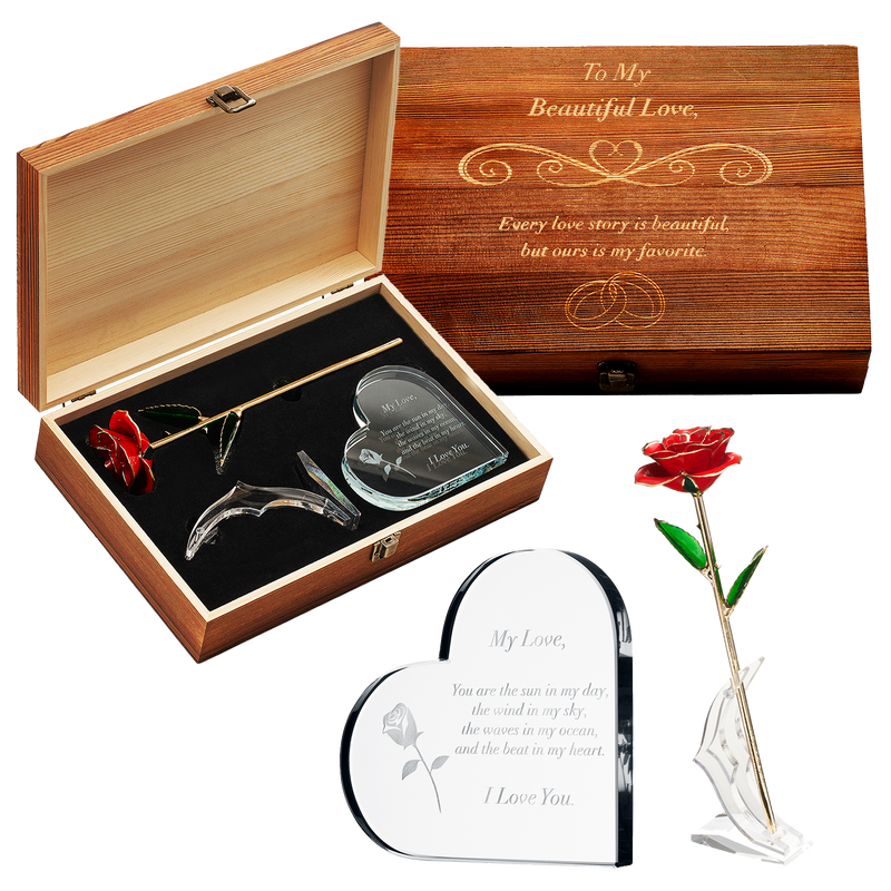 Anniversary, Birthday & Everyday 24K Gold Rose Love Box for Wife, Her, Women - Engraved Wooden Set &