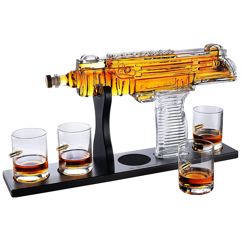 Uzi Submachine Gun Whiskey Gun Decanter and 4 Liquor Glasses - Tik Tok Gun Decanter & Glass Set - Gun Gifts for Men - Whiskey Decanter Set - Bourbon & Scotch Decanter - Firearm Shooting Gifts for Dad