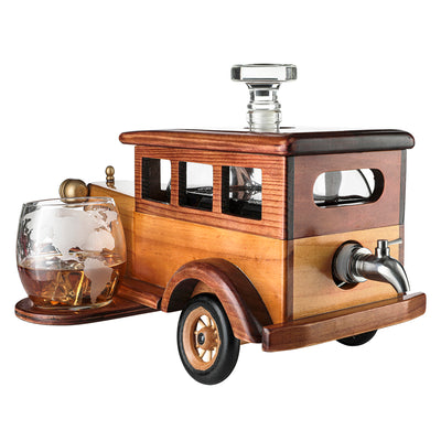 Old Fashioned Car Whiskey Decanter Set, Very Large 15" x 13" x 7" 750ml Decanter Spigot, and 2-10oz Whiskey Tumbler Old Fashion Glasses, Old Fashioned Vintage Car, Limited Edition, Great Bar Gift