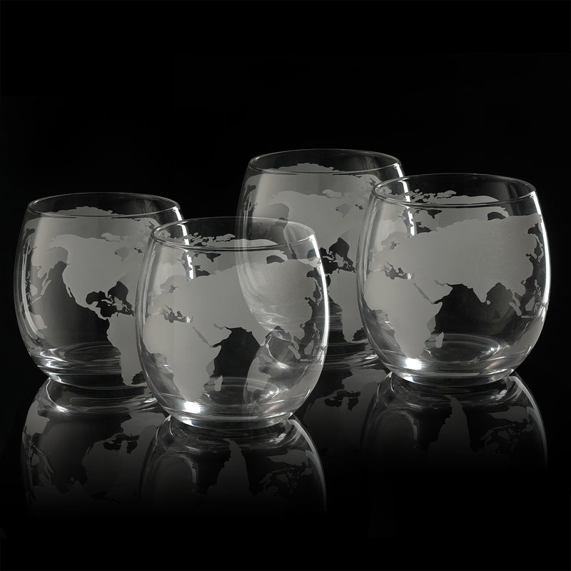 Etched World Globe Glasses 10 oz -Set of 4 by The Wine Savant, Wine, Whiskey, Scotch, Vodka Water or Juice Old Fashion Glasses, World Glasses Etched Globe