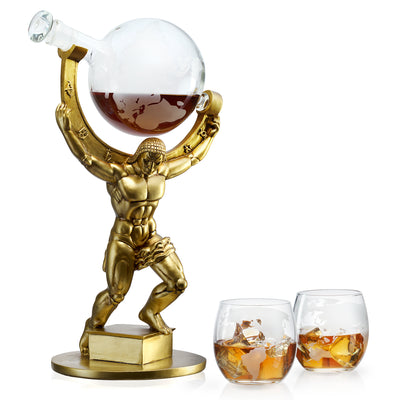Atlas Bronze World Globe Whiskey Decanter Set - 15" Tall - With 2 World Glasses - For Whiskey, Scotch, Bourbon, Cognac and Brandy - 1000ml - By The Wine Savant - Atlas Decanter Whiskey