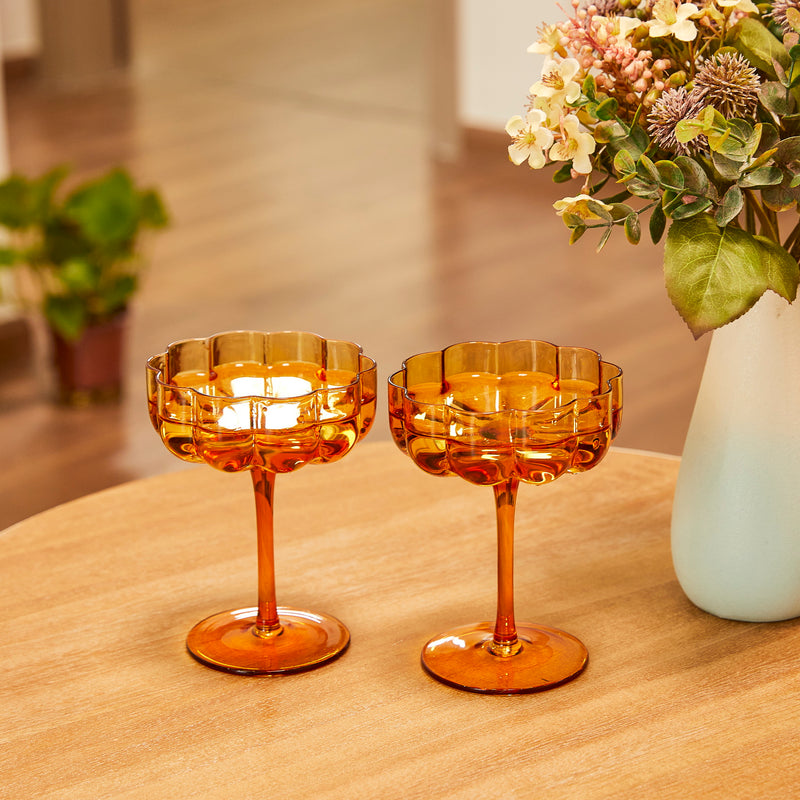 The Wine Savant Flower Vintage Glass Coupes 7oz Colorful Cocktail, Martini & Champagne Glasses, Prosecco, Mimosa Glasses Set, Cocktail Glass Set, Bar Glassware Luster Glasses 3.9" X 5.1" (Amber)