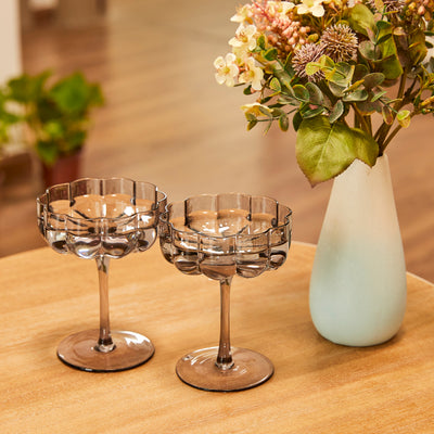 The Wine Savant Flower Vintage Glass Coupes 7oz Colorful Cocktail, Martini & Champagne Glasses, Prosecco, Mimosa Glasses Set, Cocktail Glass Set, Bar Glassware Luster Glasses 4" X 5" (Smoke Grey)