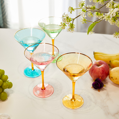 Crystal Martini Glasses Colored - Set of 4 - Stemmed Multi-Color Glass, Great for all Drink Types and Occasions - Luxury, Durable, Hand-Blown Vintage Art Deco Coupe for Champagne, Martini, Cocktails