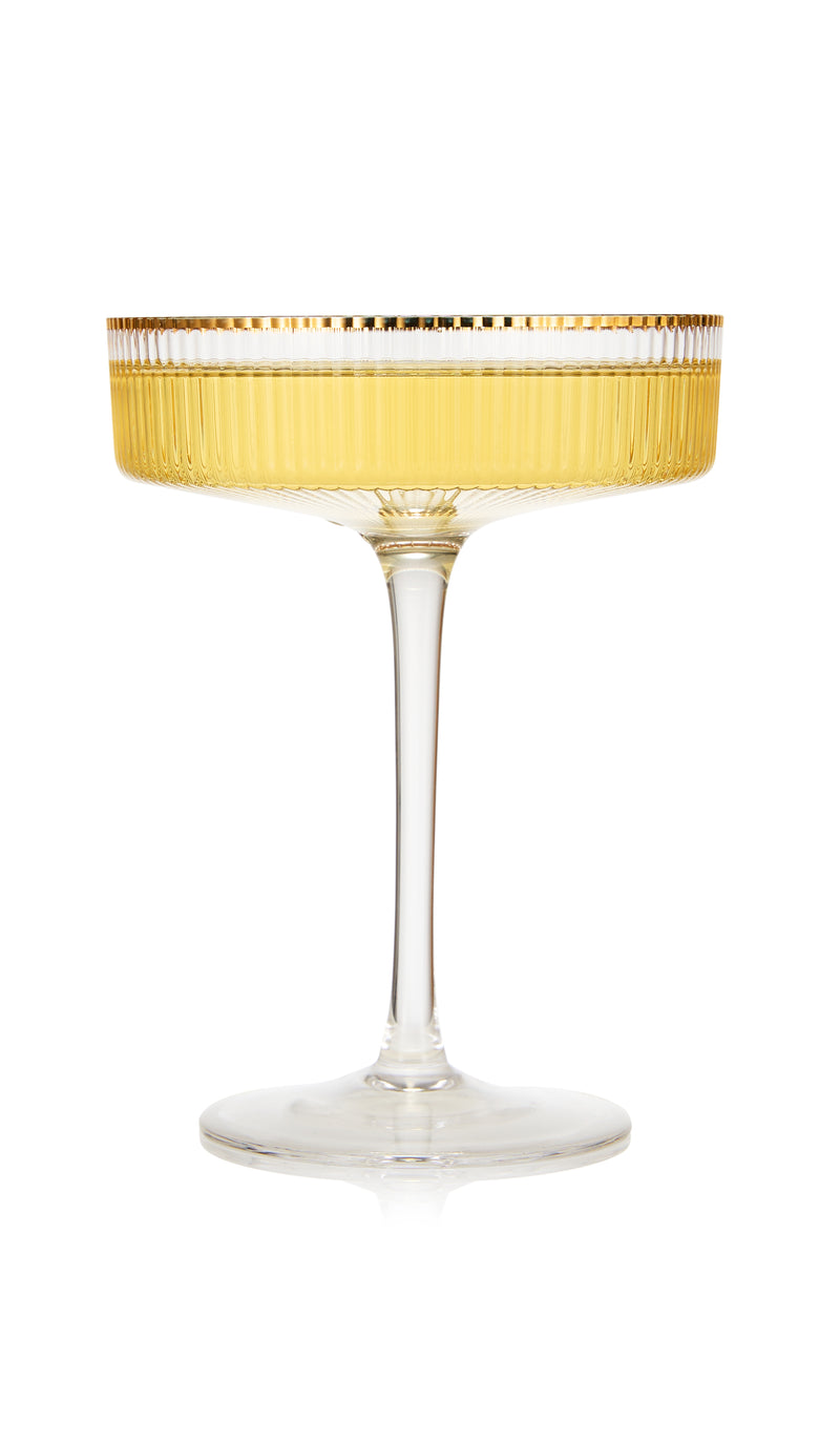 Ribbed Coupe Cocktail Glasses With Gold Rim 8 oz | Set of 2 | Classic Manhattan Glasses For Cocktails, Champagne Coupe, Ripple Coupe Glasses, Art Deco Gatsby Vintage, Crystal with Stems
