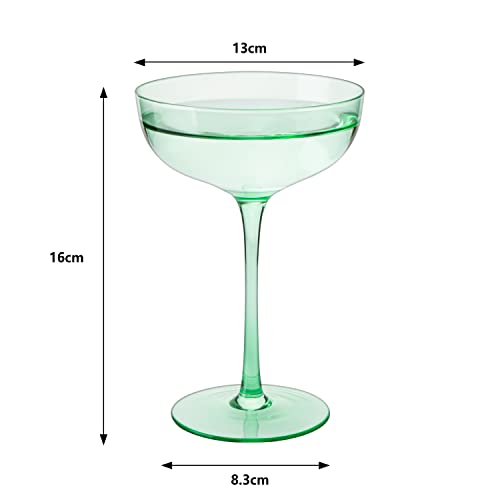 The Wine Savant Colored Coupe Glass | 7oz | Set of 4 Colorful Champagne & Cocktail Glasses, Fancy Manhattan, Crystal Martini, Cocktails Set, Margarita Bar Glassware Gift, Vintage (Green)