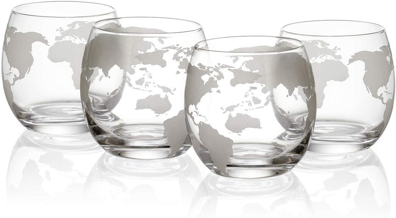 Etched World Decanter Car Whiskey Globe With 4 World Map Glasses