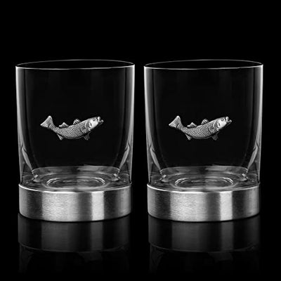 Fish Whiskey, Wine & Water Glasses Set of 2, Double Tumbler Trout Fishing Set - Fisherman Gifts, Old Fashioned Whiskey, Rum, Brandy, Scotch Glasses, Fathers Day 11 OZ, Gifts for Men, Dad