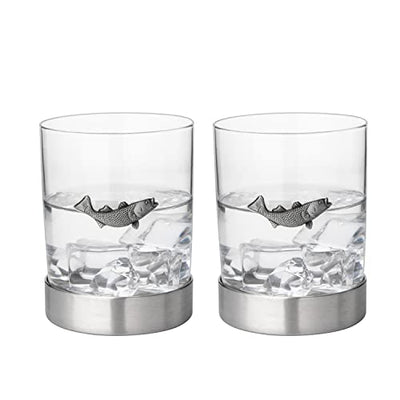 Fish Whiskey, Wine & Water Glasses Set of 2, Double Tumbler Trout Fishing Set - Fisherman Gifts, Old Fashioned Whiskey, Rum, Brandy, Scotch Glasses, Fathers Day 11 OZ, Gifts for Men, Dad