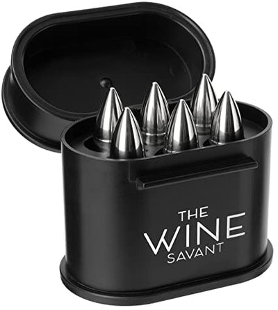 Whiskey Stones Ammunition Box Bullets Stainless Steel - Set of 6 1.75in Bullet Chillers, The Wine Savant Stainless Steel Whiskey Rocks Bullet Shaped Ice Chillers, Beautiful Case to Take to Go! (Black)