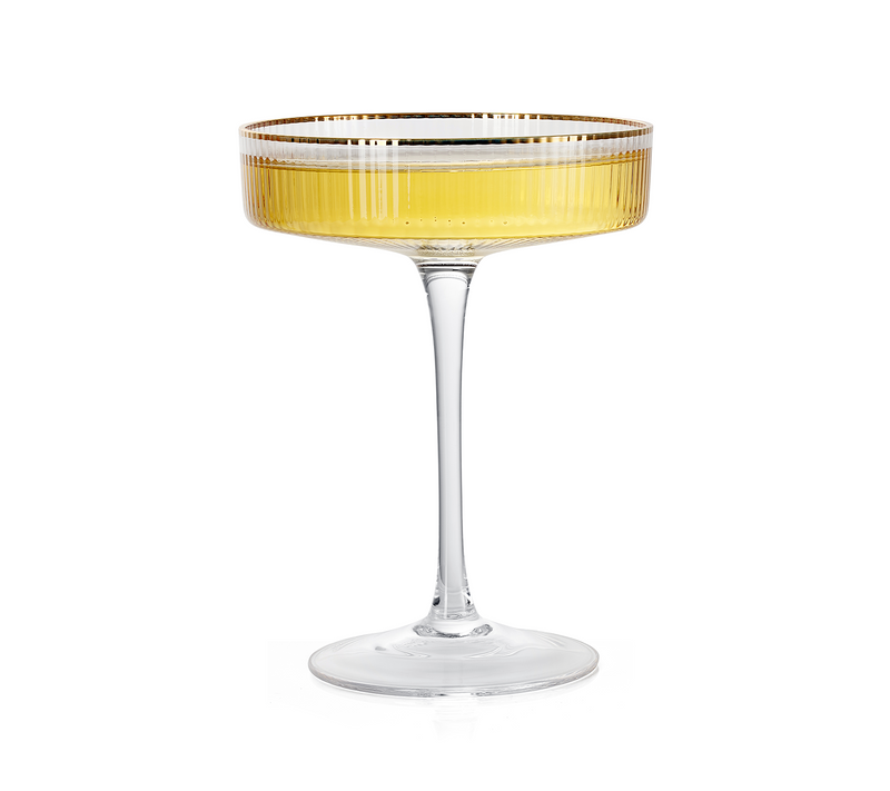 Ribbed Coupe Cocktail Glasses With Gold Rim 8 oz | Set of 4 | Classic Manhattan Glasses For Cocktails, Champagne Coupe, Ripple Coupe Glasses, Art Deco Gatsby Vintage, Crystal with Stems