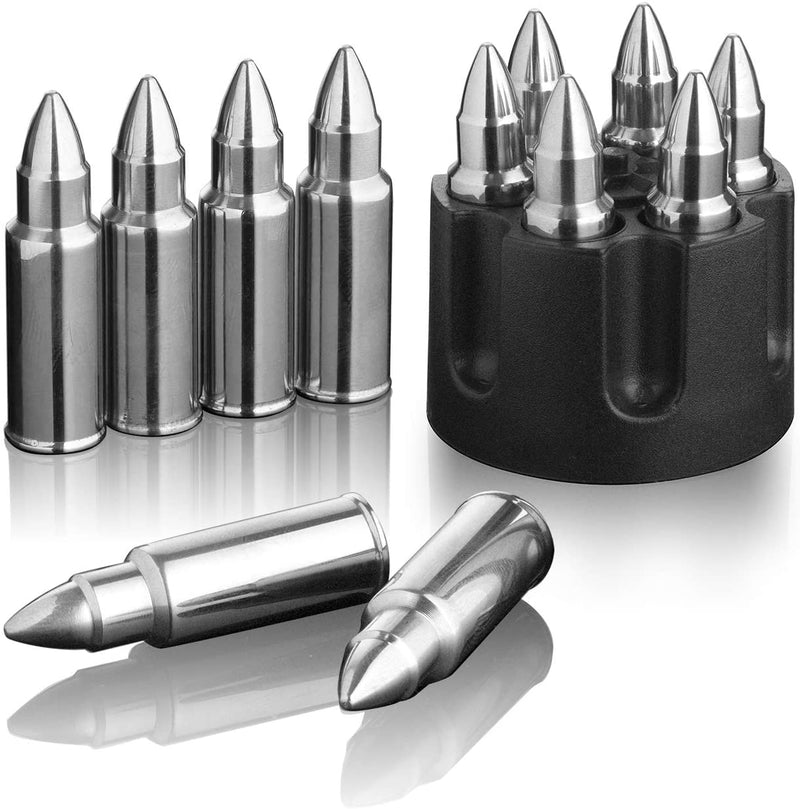 Whiskey Stones Bullets Stainless Steel - 1.75in Bullet Chillers Set of 6 Inside Realistic Revolver - Freezer Base, Made w/ Premium Stainless Steel, Large Reusable Chilling Ice Cube, Good for Whiskey
