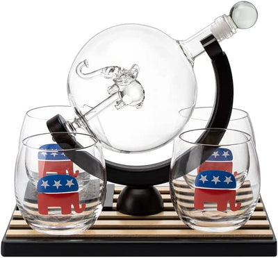 Republican Party Wine & Whiskey Decanter Set, Proud Republicans Vote Red Election Decor, Washington DC Politics Gift, 750ml US Flag & 4 Glasses - Elephant Logo, RNC Gifts, Senate, House & President