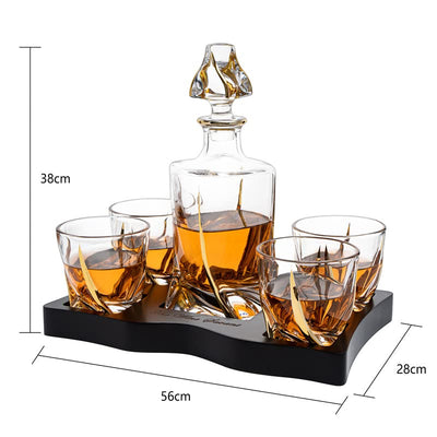 European Style Gold Wine & Whiskey Gold Twist Spiral Decanter 855ml with 4 Glasses & Wood Tray Set by The Wine Savant - For Home Bar Liquor, Spirits, Scotch, & Bourbon Gift for Him
