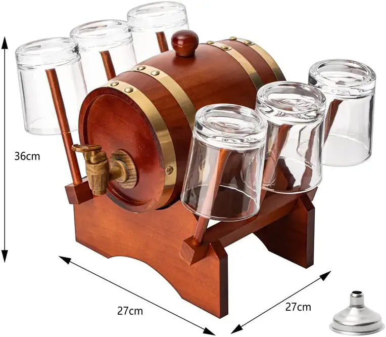 Barrel Decanter with 6 Whiskey Glasses by The Wine Savant - 1000 mL Mahogany Wood Old Fashioned Classic Whiskey Decanter Set, Gifts for Him, Father&