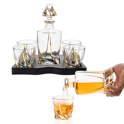 European Style Gold Wine & Whiskey Gold Twist Spiral Decanter 855ml with 4 Glasses & Wood Tray Set by The Wine Savant - For Home Bar Liquor, Spirits, Scotch, & Bourbon Gift for Him
