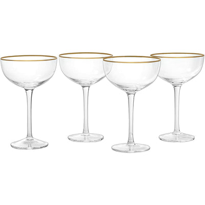Vintage Crystal Champagne Coupe Gold Rim Glasses | Set of 4 | 7 oz, Gilded Rim Classic Cocktail Glassware - Martini, Manhattan, Cosmopolitan, Sidecar, Daiquiri | 1920s Style Saucer Goblets | Gift Box