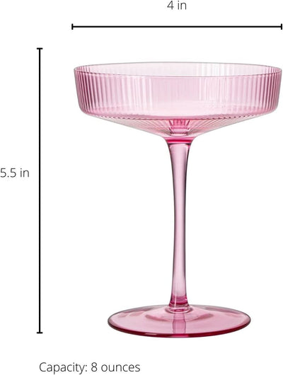 The Wine Savant Ribbed Coupe Cocktail Glasses 8 oz | Set of 2 | Classic Manhattan Glasses For Cocktails, Champagne Coupe, Ripple Coupe Glasses, Art Deco Gatsby Vintage, Crystal with Stems (Rose Pink)