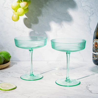 Ribbed Coupe Cocktail Glasses 8 oz | Set of 2 | Classic Manhattan Glasses For Cocktails, Champagne Coupe, Ripple Coupe Glasses, Art Deco Gatsby Vintage, Crystal with Stems (Green, Set of 2)