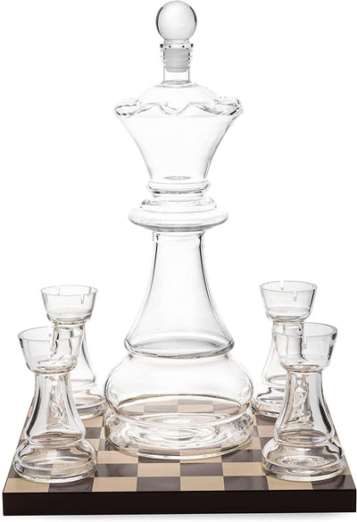 New Chess Decanter Set by The Wine Savant - Queen Chess Decanter 750ml 12" H With 4 Rook Shot Glasses 4oz - Queen's Gambit, Chess Player Gifts, Whiskey, Wine Lovers Gifts for Dad…