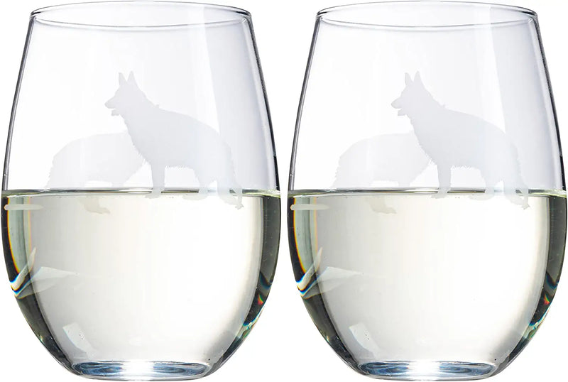 Set of 2 Dog Stemless German Shepherd Wine Glasses by The Wine Savant - Puppy & Doggy Lover for Him and Her Dogs Silhouette - Glass Gifts Etched Tumblers for Anniversary, Wedding, Home Bar Gifts