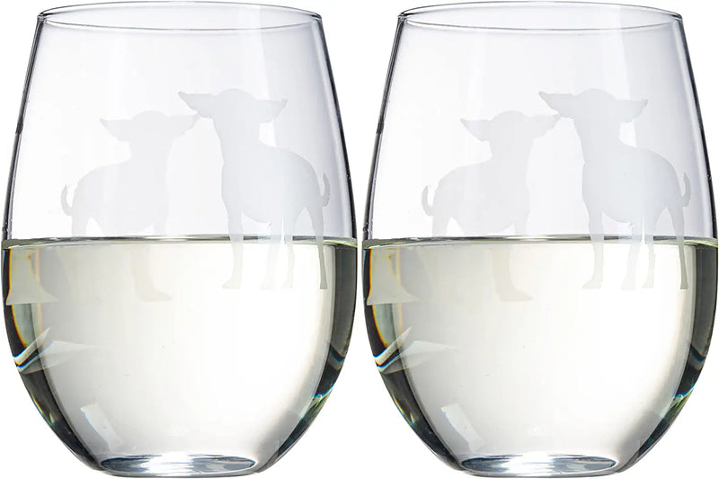 Set of 2 Chihuahua Dog Stemless Wine Glasses - Chihuahueño Puppy & Doggy Lover for Him & Her - Dogs Silhouette - Glass Gifts Etched Tumblers for Anniversary, Wedding, Home Bar Gifts