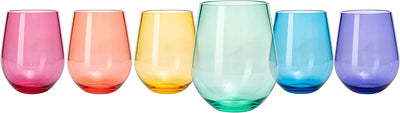 European Style Crystal, Stemless Wine Glasses, Acrylic Glasses Tritan Drinkware, Unbreakable Colored, 6 - Set - Shatterproof BPA-free plastic, Reusable, All Purpose Glassware, 15oz
