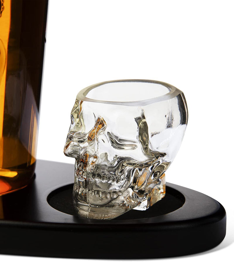 Skull King Skeleton Wine & Whiskey Globe Decanter Set 750 mL With 2 Skull Head 3oz Skeletons Shot Glasses + Mahogany Wooden Base Decor Glass, Goth Spooky Drinking Glassware The Wine Savant