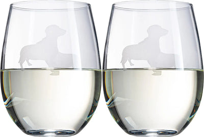 Set of 2 Dog Daschund Stemless Wine Glasses by The Wine Savant - Wiener Dog Puppy & Doggy Lover for Him & Her - Dogs Silhouette - Glass Gifts Etched Tumblers for Anniversary, Wedding, Home Bar Gifts