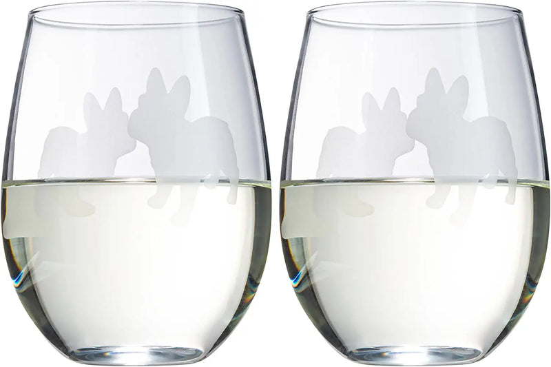 Set of 2 French Bulldog Dog Stemless Wine Glasses - French Bulldog Puppy & Doggy Lover for Him & Her - Dogs Silhouette - Glass Gifts Etched Tumblers for Anniversary, Wedding, Home Bar Gifts