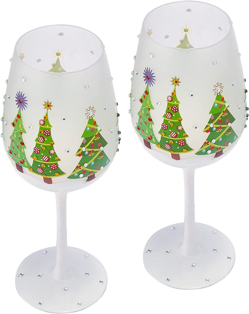 Set of 2 Stemmed Christmas Tree Design Wine Glasses - Hand Painted 14 oz Decorated Christmas Tree Glasses - Perfect for Wine, Champagne, Holiday Parties and Festivities - 8.75" High, 14 oz Capacity