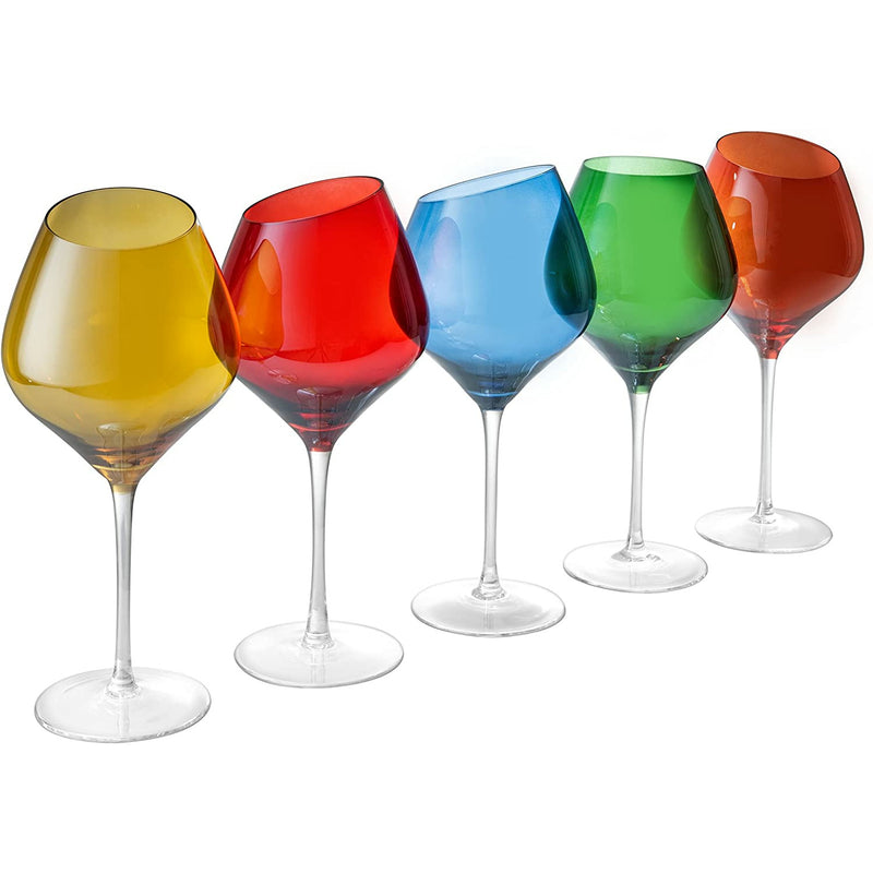 Slanted Rim Colored Wine Glasses by The Wine Savant – Set of 5 Stylish and Slant Rim Wine Glasses for Parties, Multicolor Set for Weddings Anniversary, White or Red Wine, Cabernet Bordeaux 20 oz