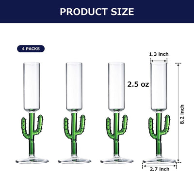 Cactus Shot Glasses 2.5oz - Cactus Gifts - Set of 4 - Green Colored Glass Blown Figurines Plant Decorations - Shot Glass Cocktail Glasses Wedding Party Glasses, Great for Parties 1.75"H - Handblown