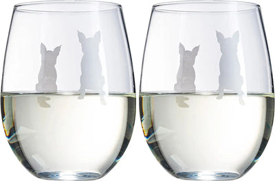 Set of 2 Boston Terrier Dog Stemless Wine Glasses - Boxwood, Boston Bull Terrier, American Gentleman Lover - for Him & Her - Dogs Silhouette - Etched Tumblers for Anniversary, Wedding, Gifts (18 OZ)