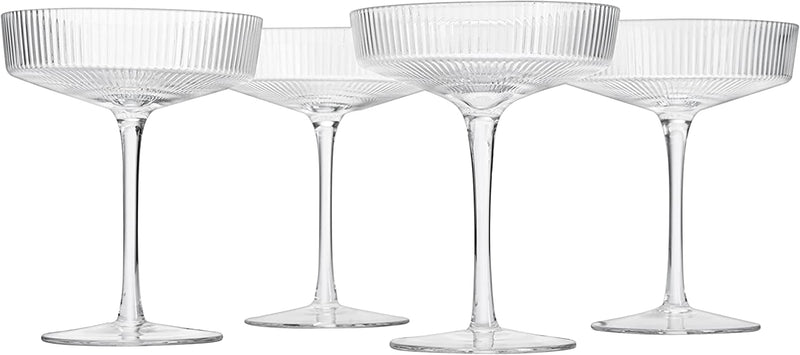 Ribbed Coupe Cocktail Glasses 8 oz | Set of 4 | Classic Manhattan Glasses For Cocktails, Champagne Coupe, Ripple Coupe Glasses, Art Deco Gatsby Vintage, Crystal with Stems (Clear)