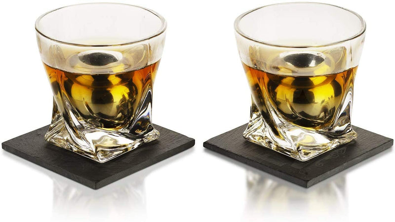 Luxurious Whiskey Stones & Glasses Gift Set - 2 XL Chilling Stainless Steel Whiskey Balls - 2x Crystal Whiskey Glasses, 2x Slate Stone Coasters, Freezer Pouch & Tongs - Set in Premium Pine Wood Box