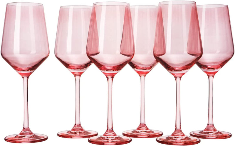 Set of 6 Colored Wine Glasses - 12 oz Hand Blown Italian Style Crystal Bordeaux Wine Glasses - Premium Stemmed Colored Glassware - Unique Drinking Glasses (6, Rose)