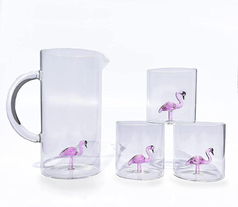 The Wine Savant Flamingo Pitcher & 4 Glasses Set Decanter with 4 Pink Flamingo Glasses 9oz Elegant Glass Set, Great for Water Iced Tea, Sangria, Lemonade, and More! 1300ml 9" H, Cute!