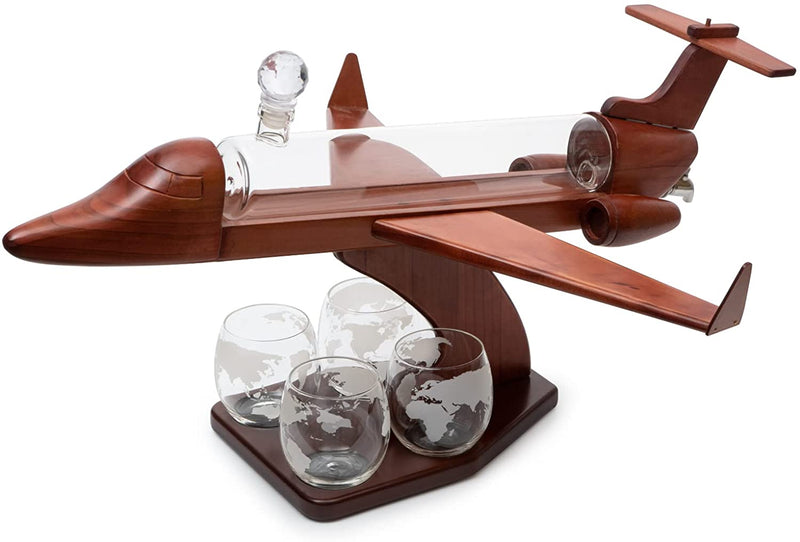 Jet Airplane Wine & Whiskey Decanter 1000ml Set with 4, 12 oz World Map Glasses by The Wine Savant - Pilot Gifts, Aviation Gifts, Airplane Figurine, Gifts for Jet, Airplane and Travel Enthusiasts