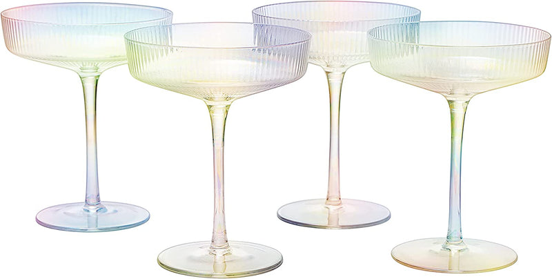 Ribbed Coupe Cocktail Glasses 8 oz | Set of 4 | Classic Manhattan Glasses For Cocktails, Champagne Coupe, Ripple Coupe Glasses, Art Deco Gatsby Vintage, Crystal with Stems (Iridescent)
