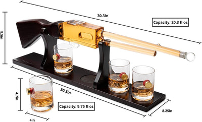 Shotgun Rifle Wine & Whiskey Decanter Set 20oz with Bullet Glasses by The Wine Savant - Firearm Shooting Gun Gifts for Men Veterans, Military, Home Bar, Law Enforcement 30" L 9.5" H