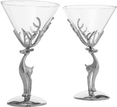 Stag Antler Cocktail Martini Glasses, Set of 2 - by The Wine Savant, 8oz Elegant Glasses Set for any Home Bar - Luxury Glass Deer Figurine, Stag Lover Gifts, Nature Lover Gifts (Martini / Champagne)