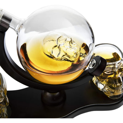 Skull Decanter Set With 2 Skull Shot Glasses - by The Wine Savant - and Beautiful Wooden Base - By Use Skull Head Cup For A Whiskey and Vodka Shot Glass, 850ml Decanter 3 Ounces Shot Glass